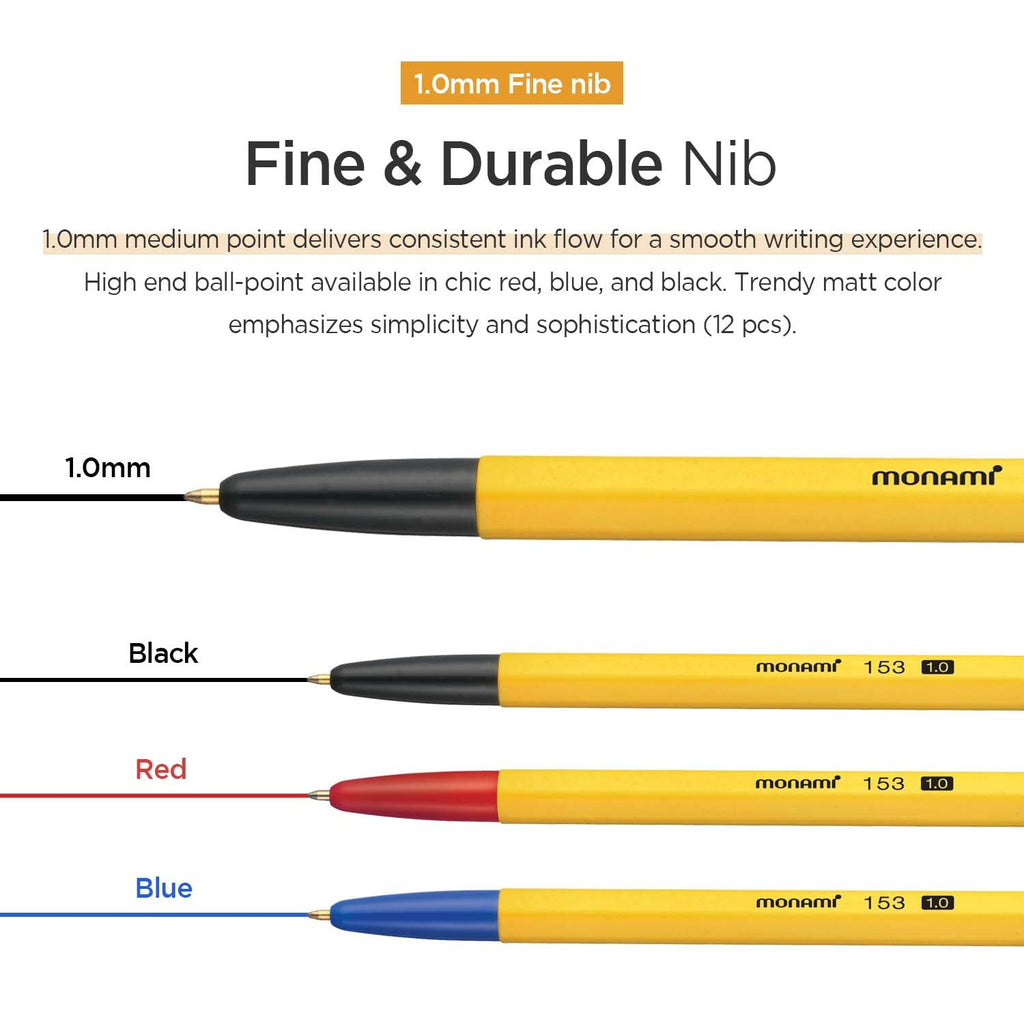 MONAMI BP 153 Retractable Ballpoint Pen, Medium Point (1.0mm), Blue, 12-Count