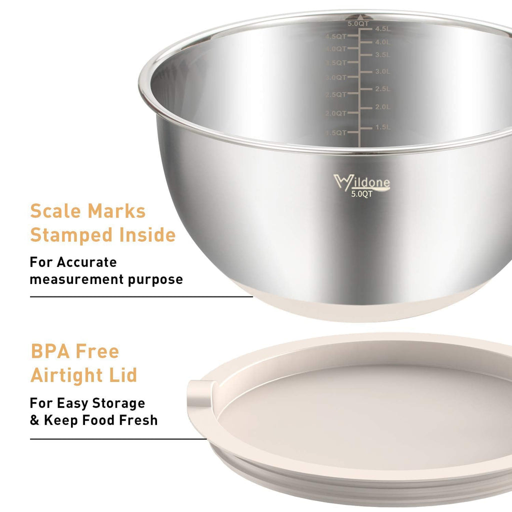 Wildone Mixing Bowls with Airtight Lids Set, 5PCS Stainless Steel Khaki Nesting Bowls for Kitchen, with Grater Attachments & Non-Slip Bottoms, Size 5, 3, 2, 1.5, 0.63 QT, Great for Mixing & Serving