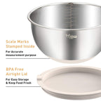 Wildone Mixing Bowls with Airtight Lids Set, 5PCS Stainless Steel Khaki Nesting Bowls for Kitchen, with Grater Attachments & Non-Slip Bottoms, Size 5, 3, 2, 1.5, 0.63 QT, Great for Mixing & Serving