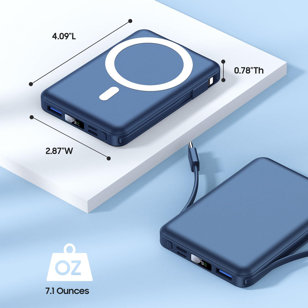 Yiisonger Magnetic Wireless Power Bank - 10000mAh Mag-Safe Portable Charger 22.5W PD Fast Charging with Built-in Cables LED Display, Magnetic Battery Pack for iPhone 16/15/14/13/12/Pro/Mini/Pro Max