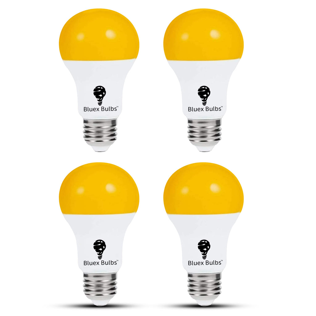 4 Pack LED Dusk to Dawn A19 Bug Light Bulbs, Yellow Bulb, Amber Light with Automatic Sensor Bulb, LED Porch Lights Security Outdoor Bulb, Auto on/Off, 2000K E26, 500 Lumens (4 Pack - Yellow)