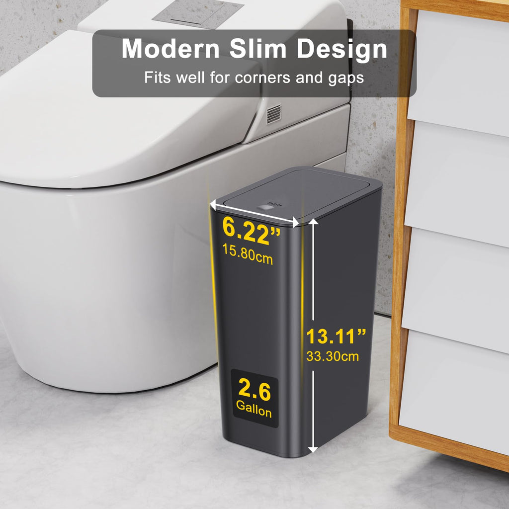 3 Pack 10 Liter Small Trash Can with lid, 2.6 Gallon,Garbage Can Slim Trash Bin Waste Basket for Bathroom,Kitchen,Bedroom,Living Room,Office,Laundry - Black