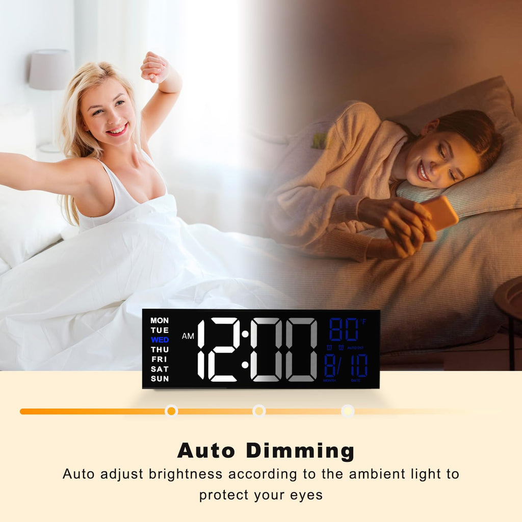 JALL 16" Large Digital Wall Clock Timer, Remote Controll, 2 Alarms, LED Display, 8 RGB Color, Auto DST, Temperature for Living Room, Bedroom, Desk, Mounted, Gift for Elderly (White Blue, 16 inches)