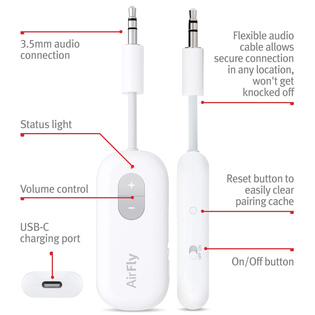 Twelve South AirFly SE | Bluetooth Wireless Transmitter/Adapter for AirPods/Wireless or Noise-Cancelling Headphones; use on Airplanes and Gym Equipment, 20+ hr Battery Life