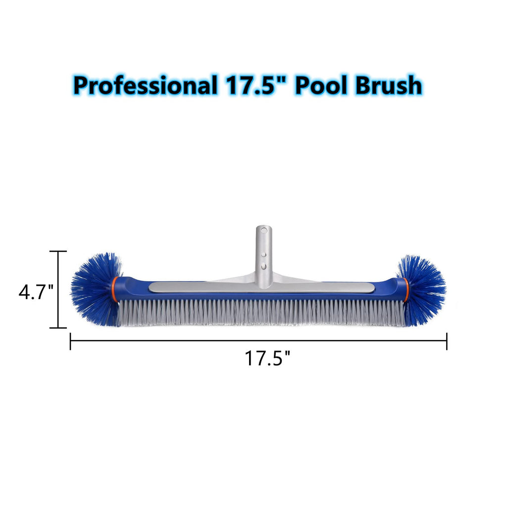 Poolvio Professional 17.5" Floor & Wall Pool Cleaning Brush with Tough Around Nylon Bristles, EZ Clip Aluminum Handle- Easily Sweep from Walls, Floors, Steps
