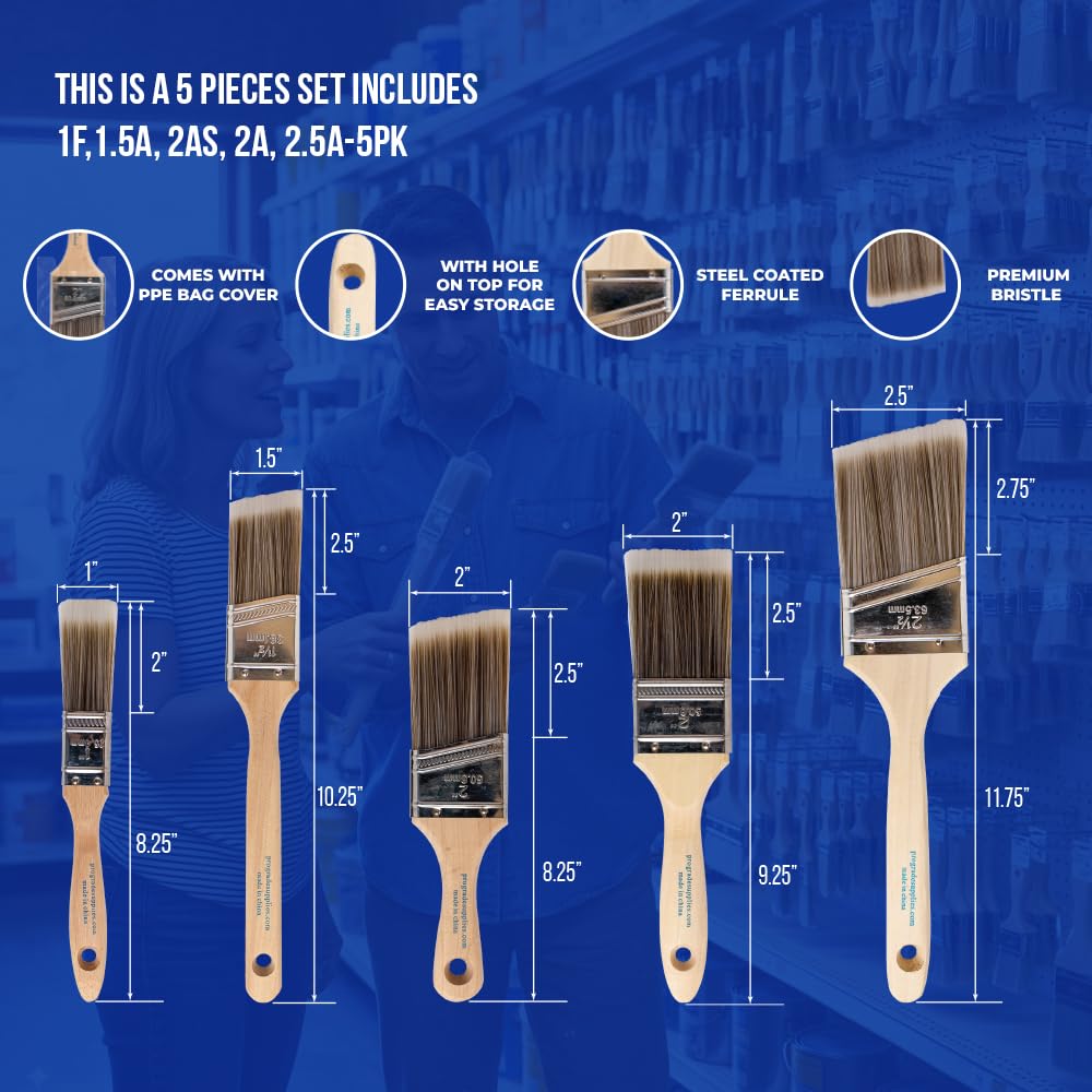 Paint Brushes, 5-Piece Paint Brush Set, Flat & Angle Brushes for Walls, Trim, Cabinets, Interior & Exterior Latex and Oil Paints, Stains