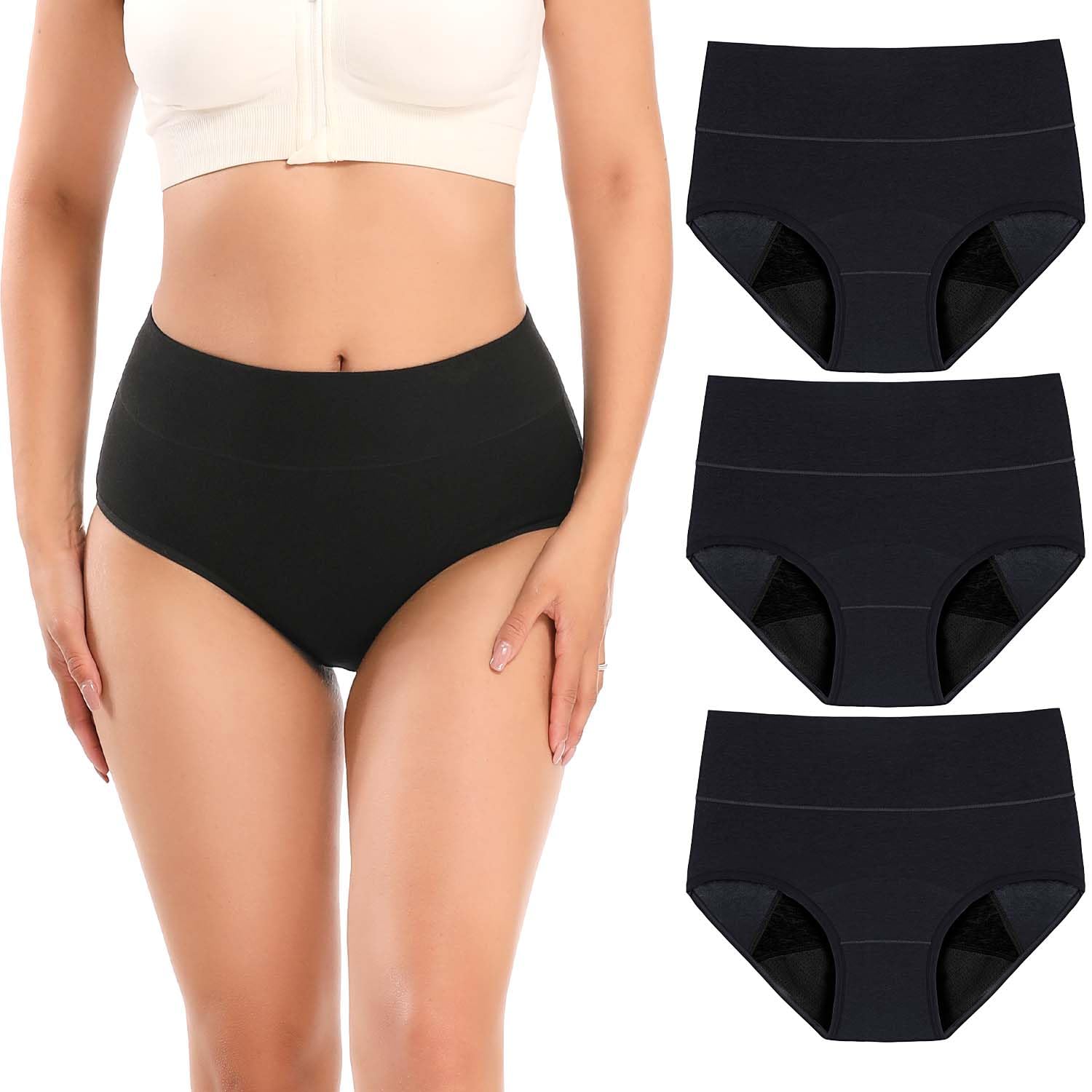 Molasus Incontinence Underwear for Women High Absorbency Period Leakproof Cotton Underwear Heavy Flow Menstrual Protective Panties Bladder Control Briefs 3 Pack,Black,Large