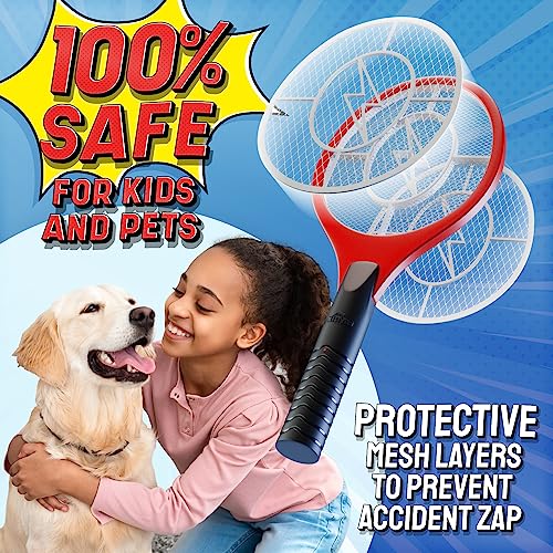 ASISNAI Bug Zapper 18" Electric Fly & Mosquito Swatter Racket - Outdoor/Indoor Killer for Flies, Battery-Operated Tennis Killing Zap, 3000 Volts Electronic Catcher, 2 AA Batteries Included - Red