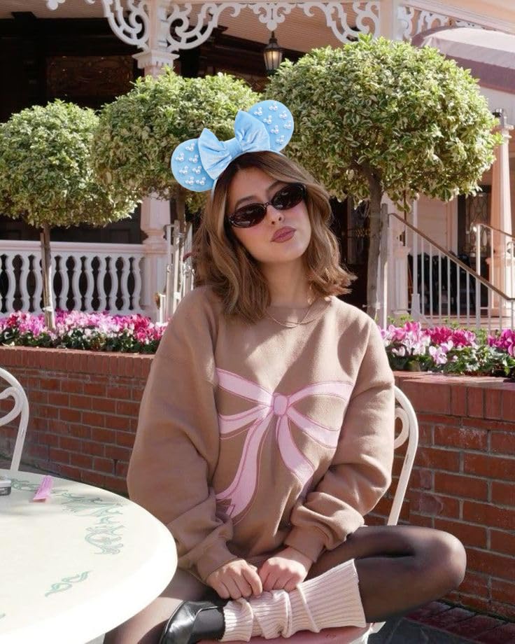 WOVOWOVO Mouse Ears Headbands for Women Blue Bow Pearl Hairbands Velvet Headband Hair Accessories
