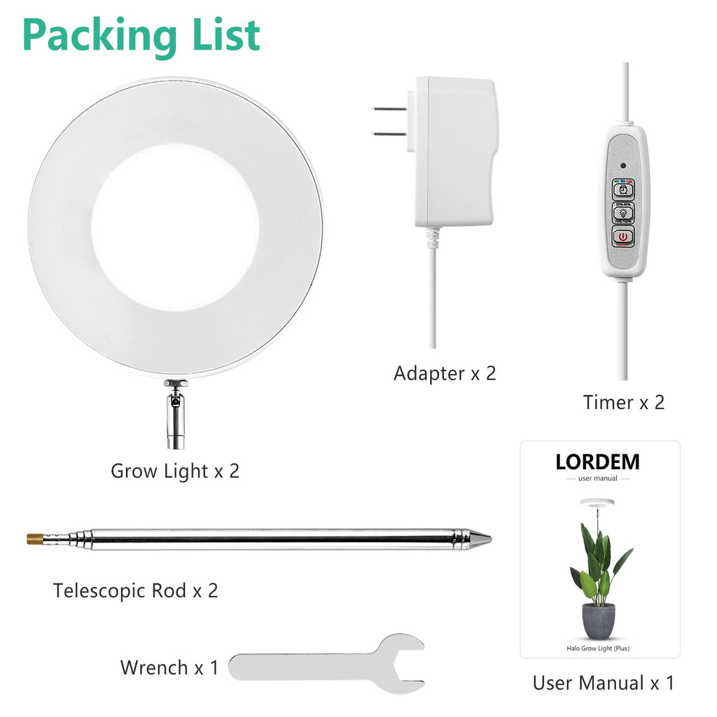 LORDEM Plant Grow Light, Full Spectrum Plant Light for Indoor Plants, Brightness Adjustable LED Growing Lamp with Auto On/Off Timer 4H/8H/12H, Height Adjustable, Ideal for Tall Plants, Pack of 2