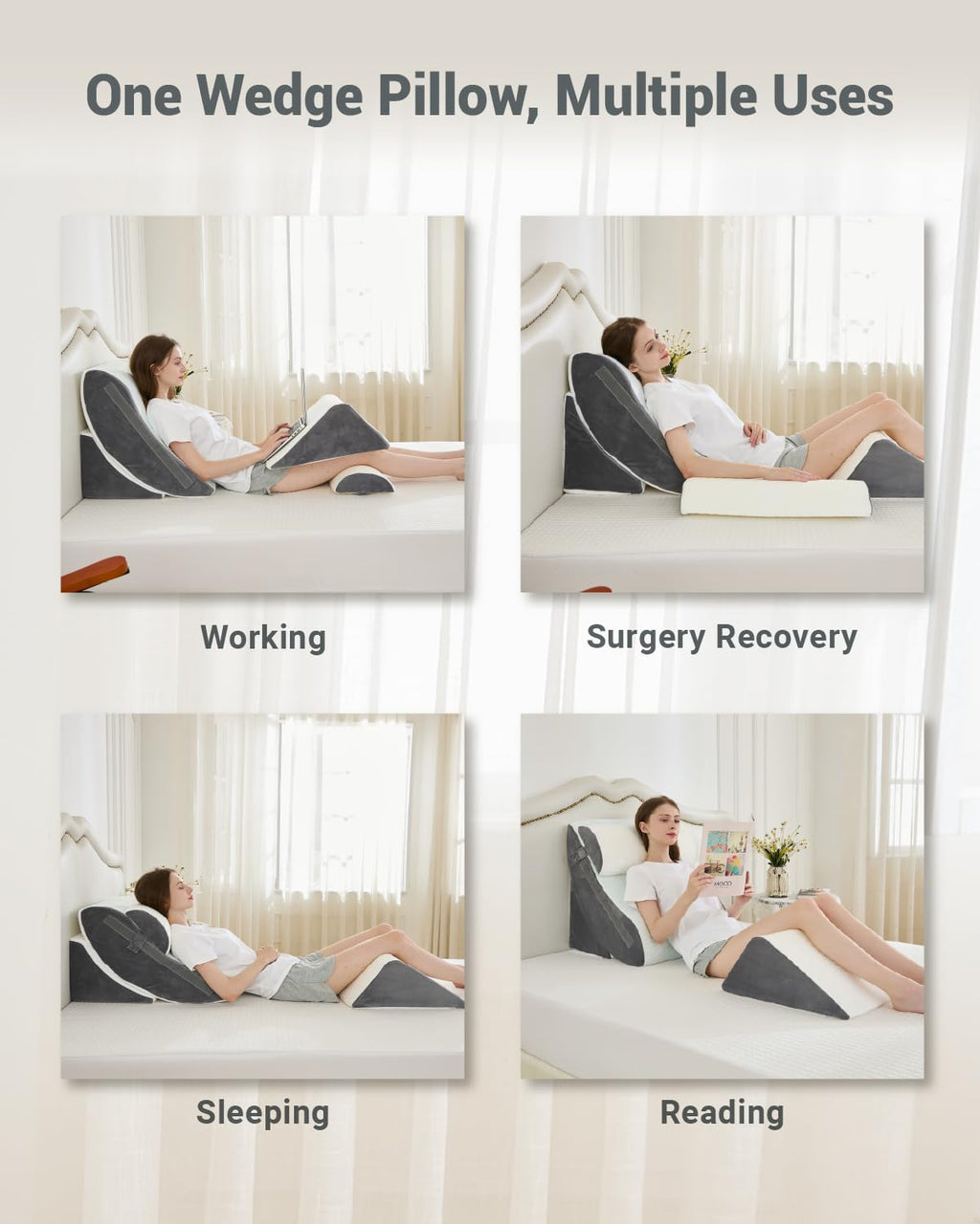 XICIKIN Orthopedic Bed Wedge Pillow Set, 2-Layer Memory Foam for Back, Leg Pain Relief, Comfortable Support, Post Surgery Adjustable Pillows Sitting and Sleeping(4pcs,22" Wide,White Grey)