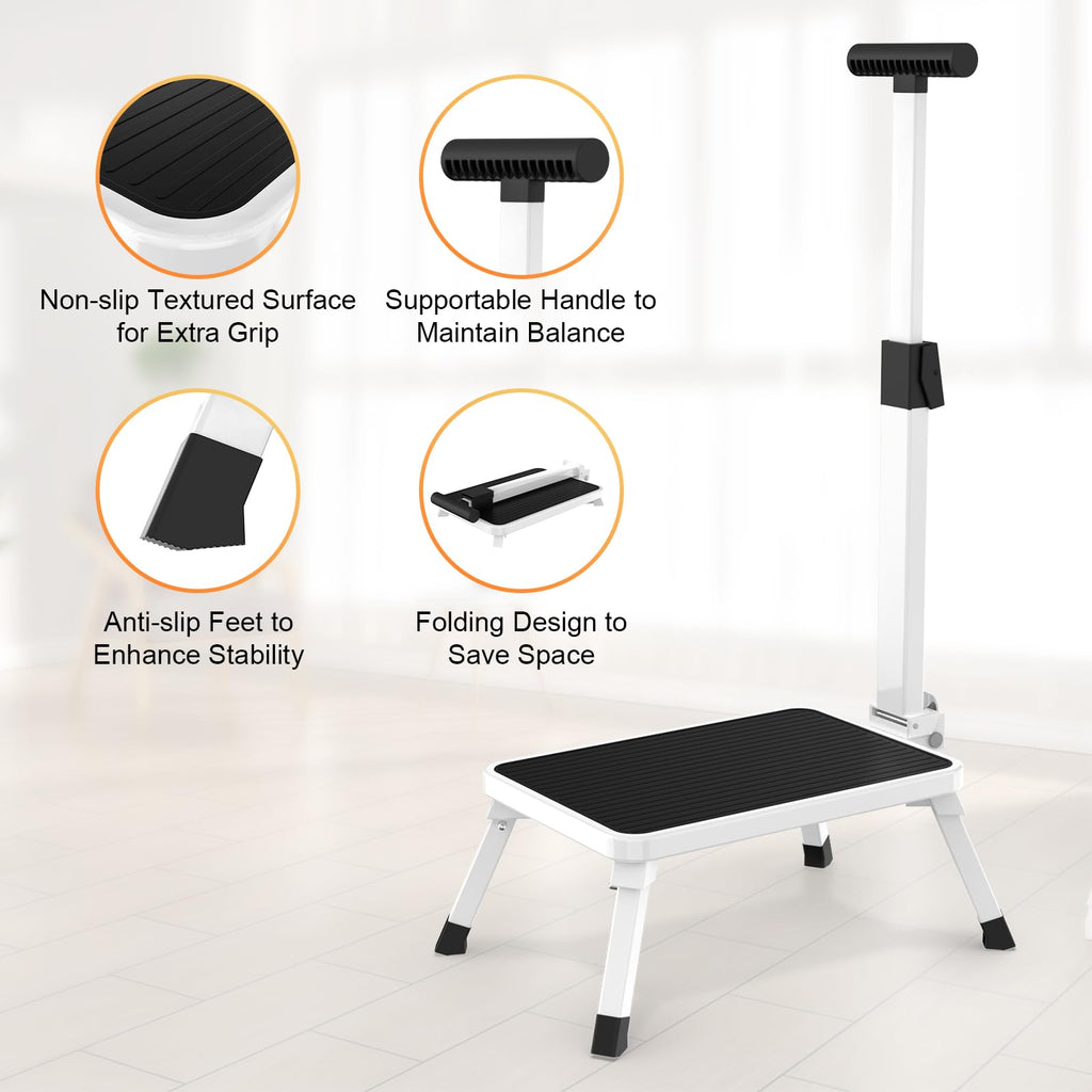 Step Stools for Adults, Foldable Step Stool with Handle for Elderly Seniors Stepping Stool with Non-Slip Step Platform Metal Stool in Kitchen, Bedroom,Bathroom,330 Lbs Capacity(Patent Protection)