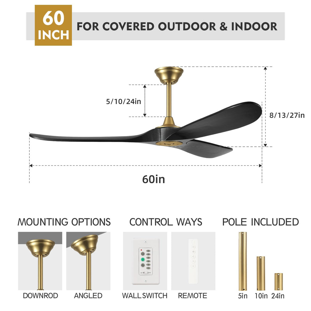60 Inch Ceiling Fan without Light, Outdoor Ceiling Fans for Patios with Wall Control and Remote Control, Black Gold Modern Farmhouse Ceiling Fan, 3 Blade Large Air flow Reversible DC Wood Ceiling Fan