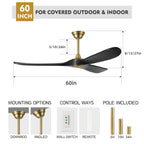 60 Inch Ceiling Fan without Light, Outdoor Ceiling Fans for Patios with Wall Control and Remote Control, Black Gold Modern Farmhouse Ceiling Fan, 3 Blade Large Air flow Reversible DC Wood Ceiling Fan