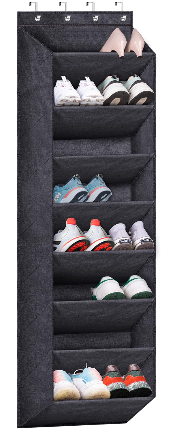 Over The Door Shoe Organizer for Closet with Large Deep Pockets, Narrow Shoe Rack for Door Hanging Boots Storage, Black