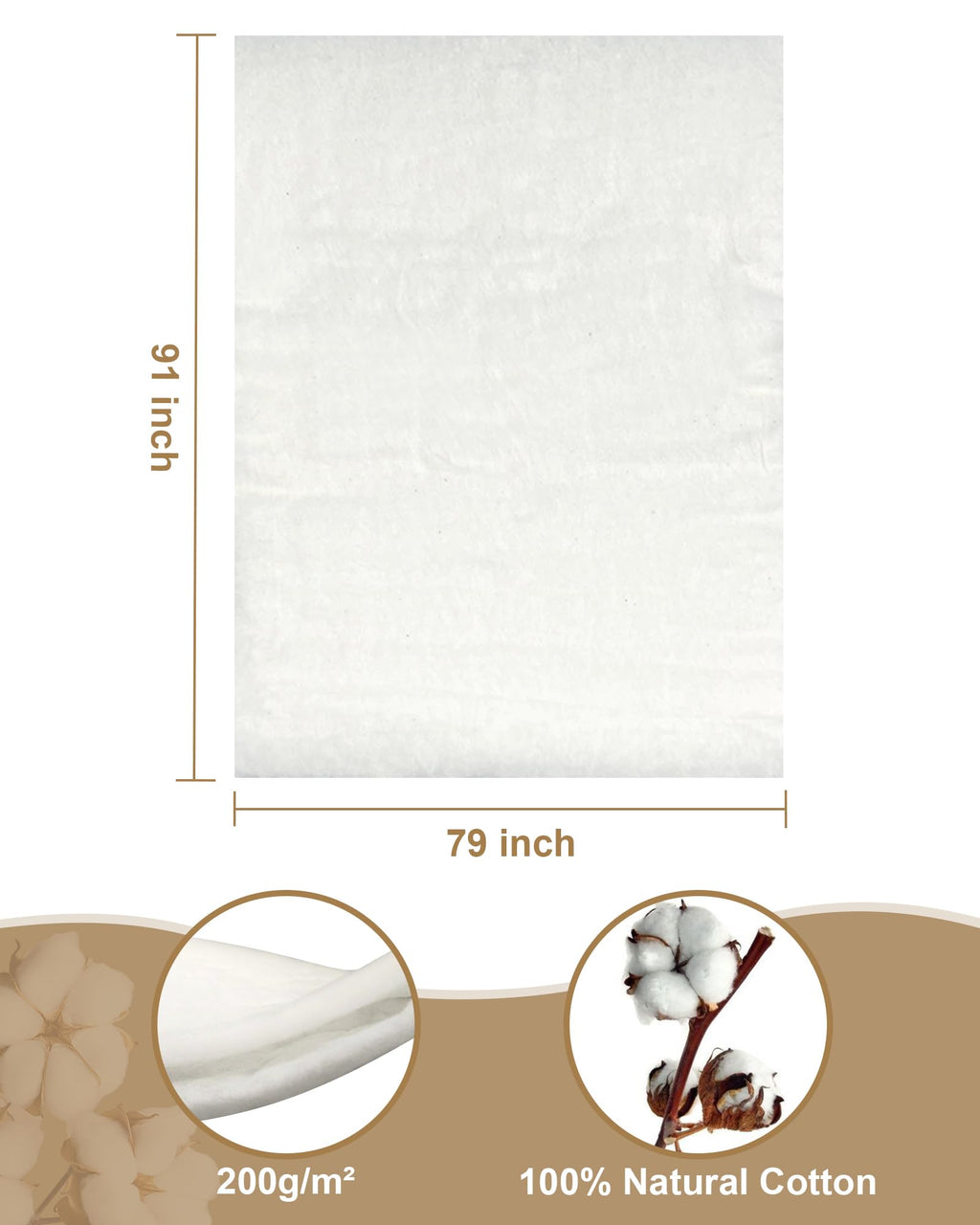 PLANTIONAL Natural Cotton Batting for Quilts: 79-Inch x 91-Inch Light Weight Purely Natural All Season Quilt Batting for Quilts, Craft and Wearable Arts