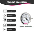 GOATACURA Bimetal Thermometer, Full Stainless Steel, 3" Dial Size, 2-1/2" Stem, 1/2" NPT Back Mount, 0-250 Deg F/-20-120 Deg C, 1% Accuracy
