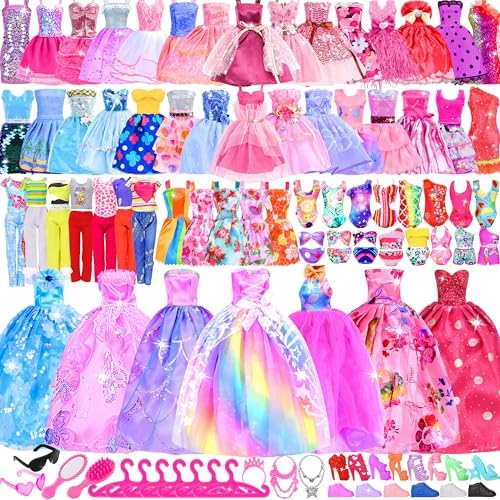 71 Pack Doll Clothes and Accessories - 5Princess Dress 9 Fashion Dress Cloth 3 Top and Pants 3 Bikini Swimsuits 20 Shoes 28 Other Doll Accessories Size Suit for 11.5 Inch Dolls