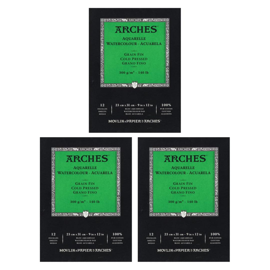 Arches Watercolor Paper Pad, 140 Pound, Cold Press, 9"x12", 12 Sheets/Pack, Case of 3 Packs