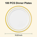 BESTSTAR 100PCS White Plastic Plates for Party, 10.25 Inch Disposable Plates with Gold Rim, Heavy Duty Dinner Plates for Christmas, Thanksgiving, Party, Wedding and Birthday