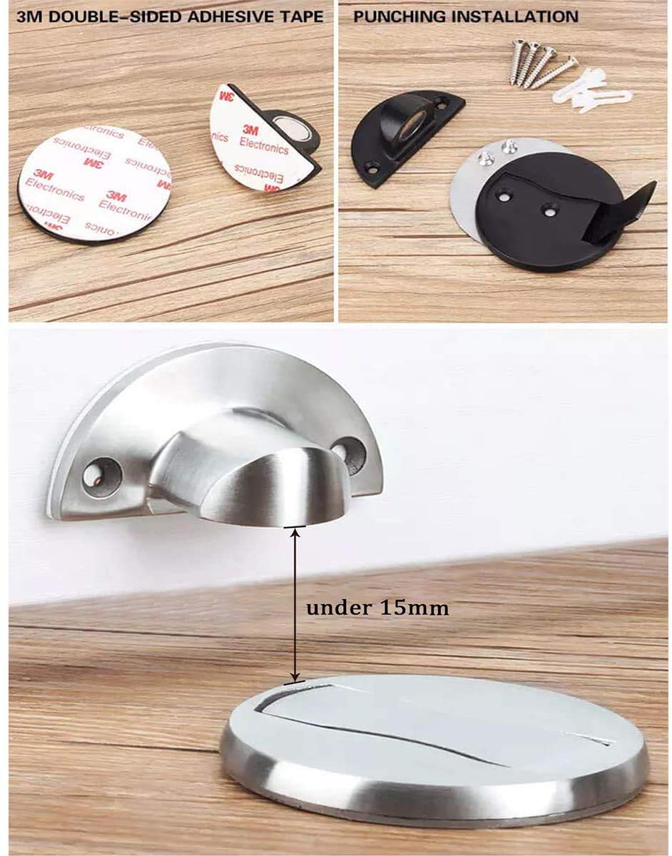 Magnetic Door Stop,Magnetic Door Stopper Brushed Satin Nickel,Floor Metal Magnetic Door Catch Invisible Door Holder with Adhesive,Stainless Steel Heavy Duty Silver Doorstop