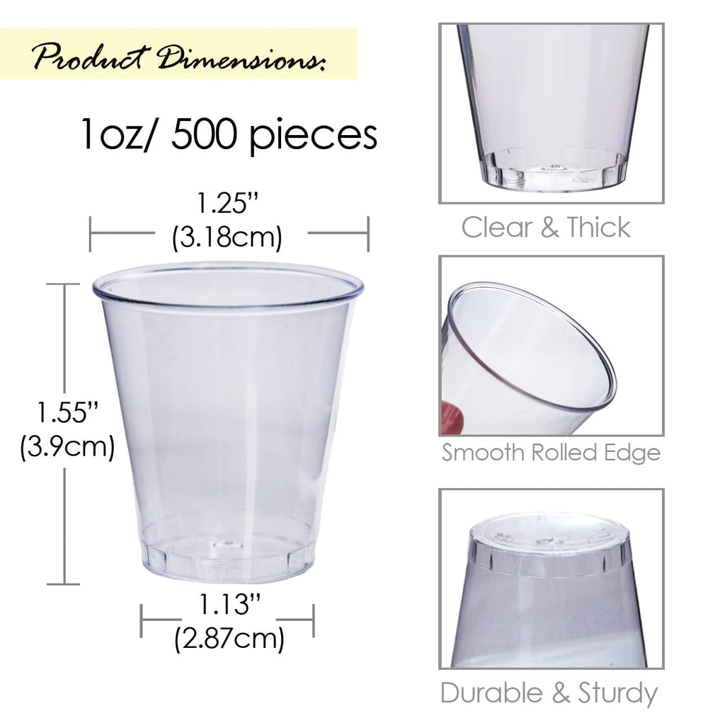 Craft And Party, 1oz 500 pcs Premium Clear Shot Glasses. Disposable Clear Cups for Wine Tasting, Vodka, Whiskey, jelly shot, sample Cups For Party and Gathering. (500, 1oz)