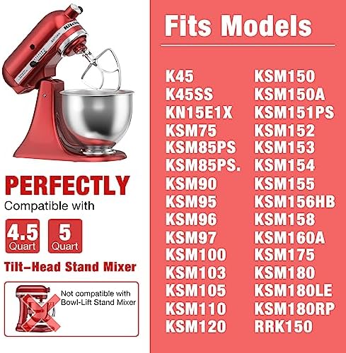 4.5-5QT Stainless Steel Flat Beater for KitchenAid Stand Mixer, Kitchen Aid Paddle Attachment Accessories/No coating/Dishwasher Safe Replacement for K45 KN15E1X KSM75 and Other Models