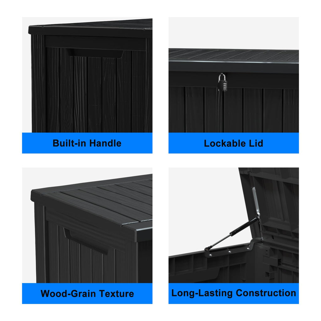 MAIUSCOLI 180 Gallon Resin Outdoor Deck Box Waterproof Patio Furniture, Garden Tools, Cushions, Pool Accessories Outside Storage (Black, 180 Gallon)