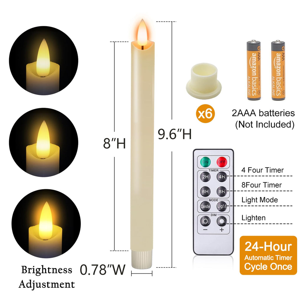 Bighfue LED Flameless Candle, 3D Flickering Taper Battery Operated Candle with Remote Control 10-Key Button, Real Wax 6-Pack for Mantel Christmas Wedding Gift Decoration (Ivory, 0.78 W''9.6 H'')