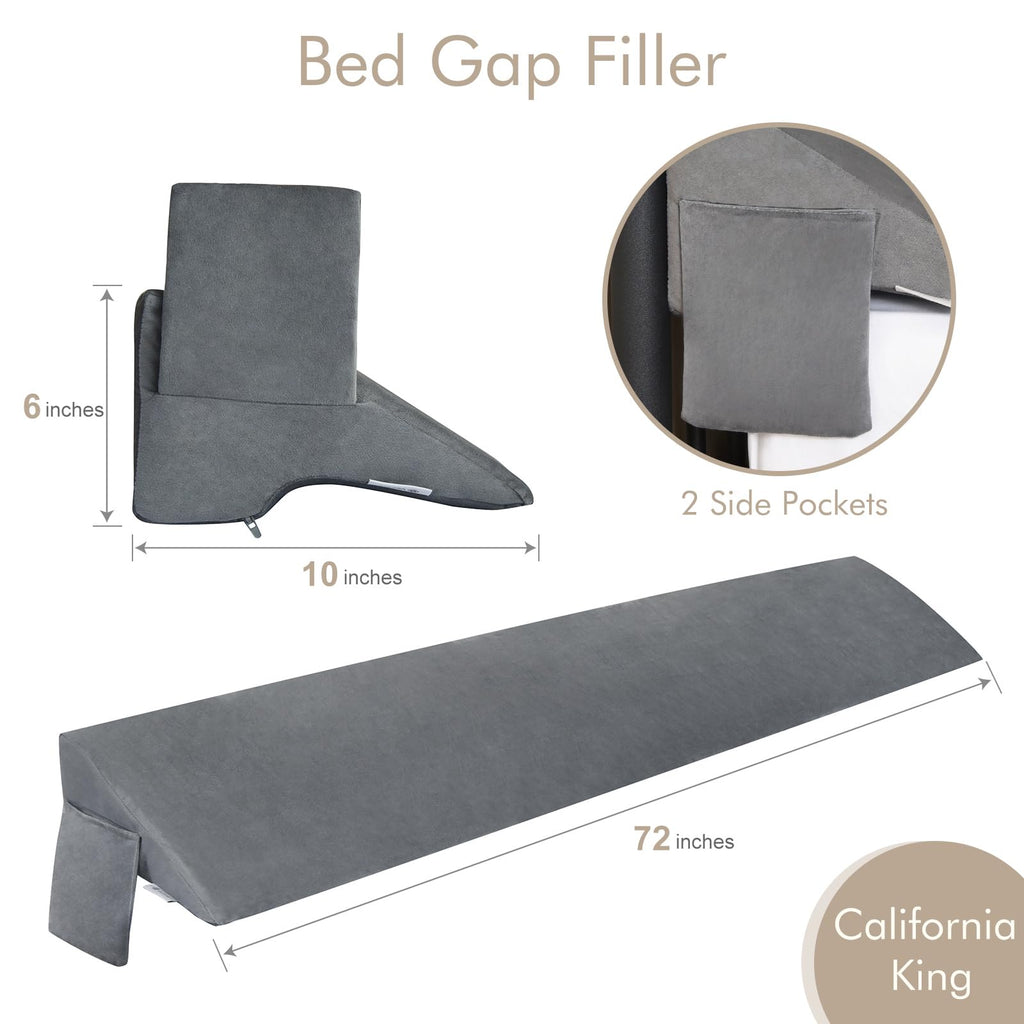 Vekkia Cal King Bed Wedge Pillow for Headboard Gap Filler(0-5"),High-Density Foam,Prevents Pillows & Items Loss,Ergonomic Design,Large Storage Pockets, Removable&Washable Cover,Gray,72''x10 x6