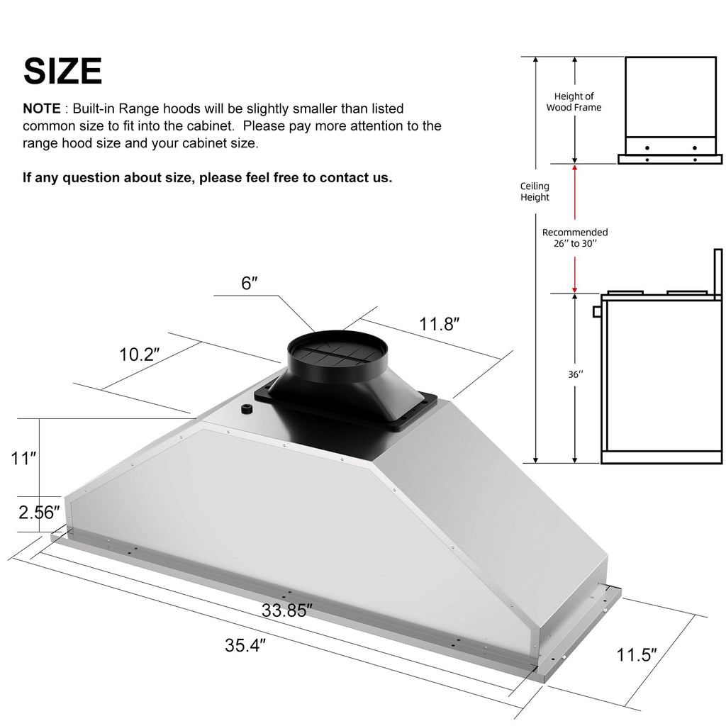 BRANO Range Hood Insert 36 Inch, 900 CFM Smart Voice/Gesture/Touch Control, 4 Speed Exhaust Fan, Stainless Steel Kitchen Hood with Charcoal Filter, Ducted/Ductless Convertible
