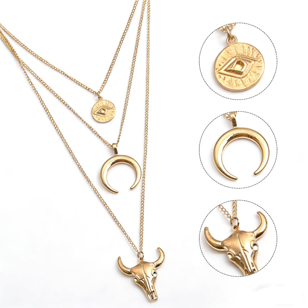 Women's Vintage Western Layered Necklaces Evil Eye Bull Head Crescent Moon Layered Necklace Boho Cowboy Cowgirl Geometric Pendant Chain Necklace Fashion Jewelry Gifts for Women (style2)