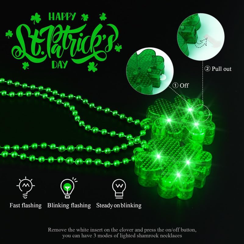 YAXINRUI 4pcs Light Up Shamrocks Beads Necklaces, St. Patrick's Day Accessories - Led Metallic Green Bead Clovers for Irish Party Favor Supplies