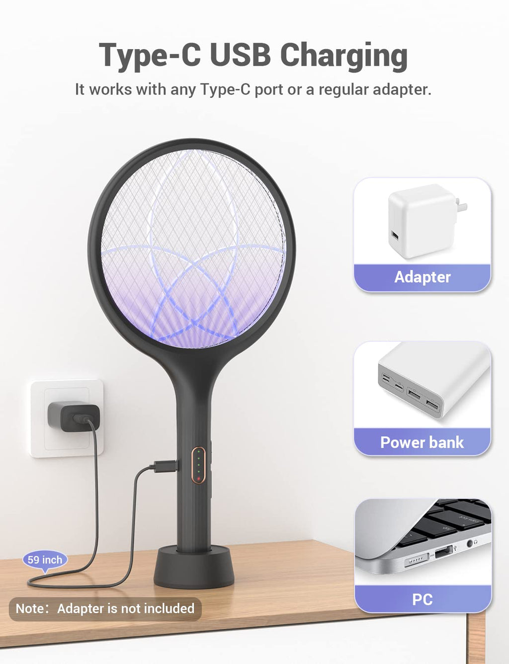 YISSVIC Electric Fly Swatter 4000V Bug Zapper Racket Dual Modes Mosquito Killer with Purple Mosquito Light Rechargeable for Indoor Home Office Backyard Patio Camping (Black)
