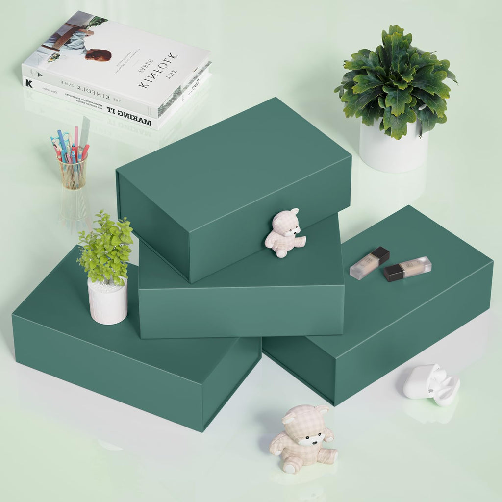 RYDDOY 5 Pack Green Gift Box, 9.5x6x3'' Gift box for Presents with Lids Magnetic Closure Rectangle Collapsible for Bridesmaid Proposal Box, Wedding, Christmas, Halloween, Birthday Gift Packging