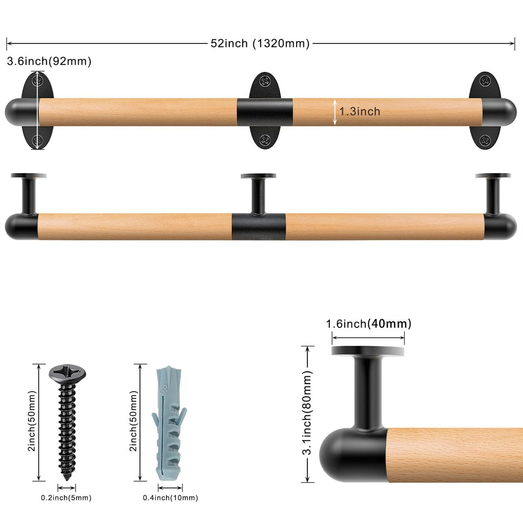 SELEWARE 52 Inch Wood Handrail Indoor Stairs Handrail Wall Mount Handrail w/Sturdy Metal Barckets, Barrier-Free Staircase Grab Bar for Elderly, 1.3 Inch Round
