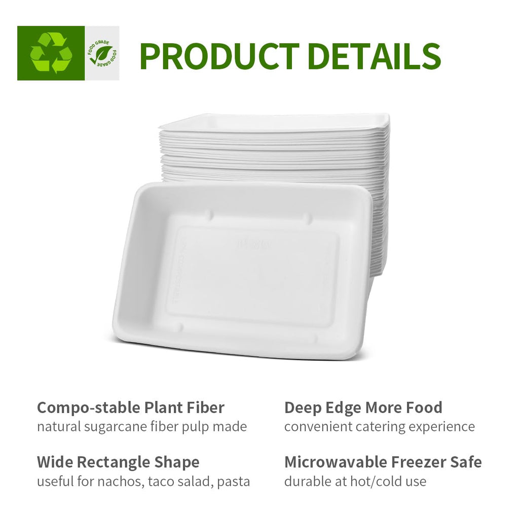 AICHEF 50 Pack 30 oz Compostable Deep Dish Plates, Rectangle Deep Disposable Plates Trays for Burger, Nacho, Taco Salad, Popcorn Snack - 9x6x1.8 inch