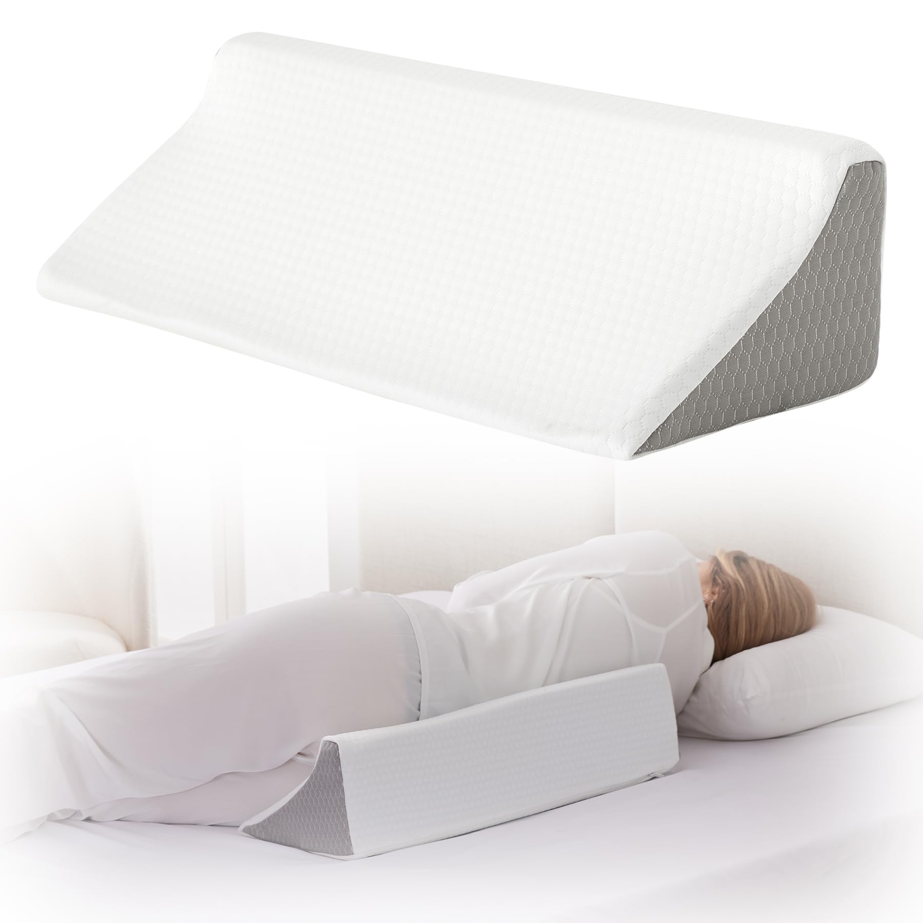 Bedluxe Wedge Pillow for Side Sleeping, Comfort Foam Back Pillow for Side Sleeper, Bed Wedges & Body Positioners for After Surgery, Pregnancy Support, Back Pain, Preventing Bedsores, White/Grey