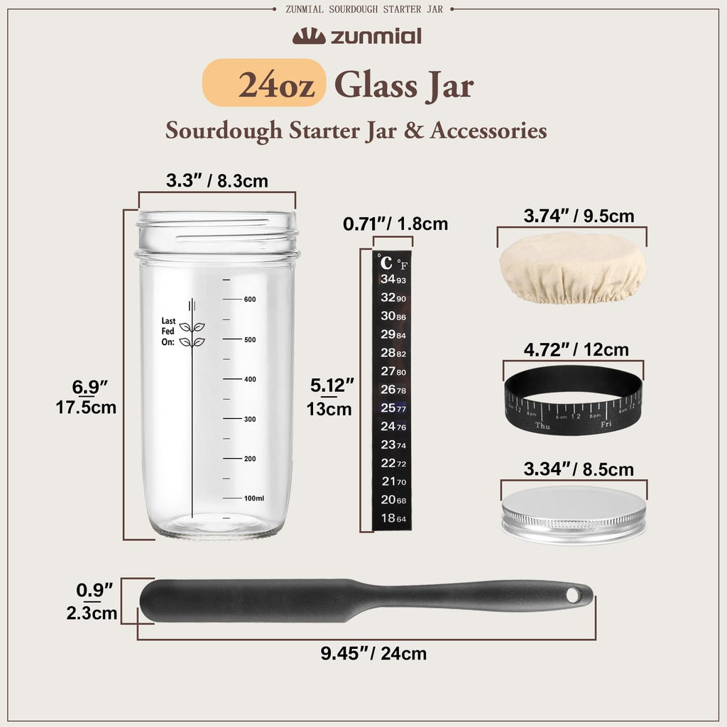 Zunmial Sourdough Starter kit, 34OZ Sourdough Starter Jar with Date Marked Feeding Band, ThermometerCloth Cover & Metal Lid, Reusable Sourdough Bread Baking Supplies, Home Baking Gifts