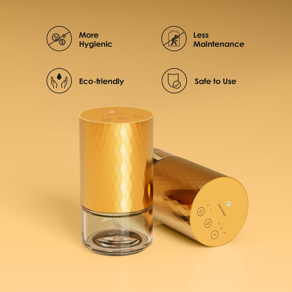 Airversa Waterless Diffuser for Essential Oil 100ml Capacity Battery Operated Aromatherapy Nebulizer Mini Scent Air Machine 1/2/3H/Continous 3 Mist Level 3 Lighting Effects(Scenta Shine Gold)