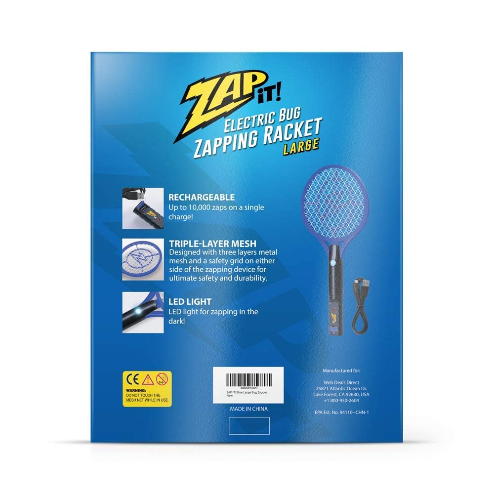 ZAP iT! Electric Fly Swatter Racket & Mosquito Zapper - High Duty 4,000 Volt Electric Bug Zapper Racket - Fly Killer USB Rechargeable Fly Zapper Indoor Safe