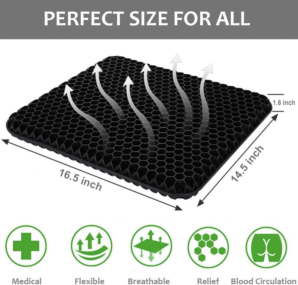 Gel Enhanced Seat Cushion for Long Sitting - Double Thick Honeycomb Breathable Design Egg Seat Cushion with Non-Slip Cover - Office Chair Car Cooling Seat Cushion - Computer Desk Pain Relief Pad
