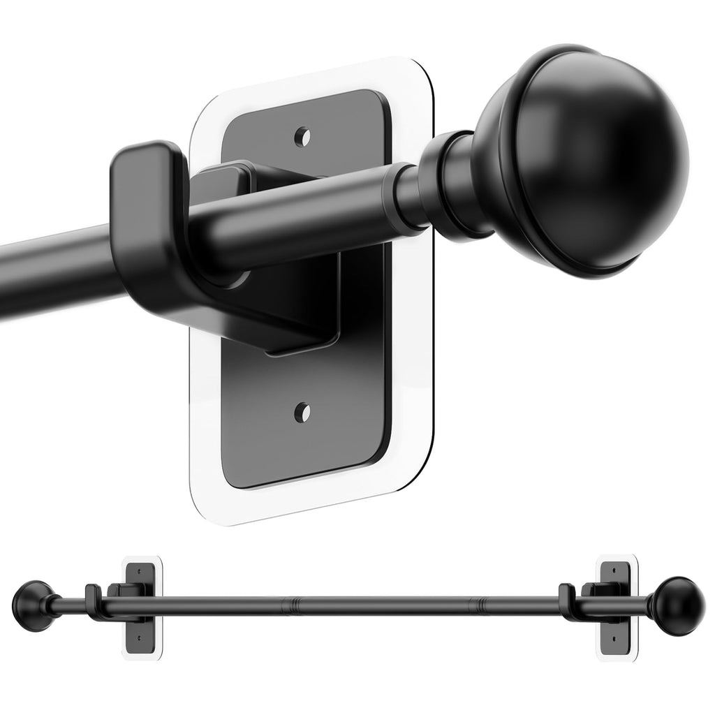No Drill Curtain Rods for Window 28 to 47 Inches, 5/8 Inch Diameter Renter Friendly Drapery Rod with Adhesive Brackets without Drilling, Adjustable from 27 to 52 Inches, Black