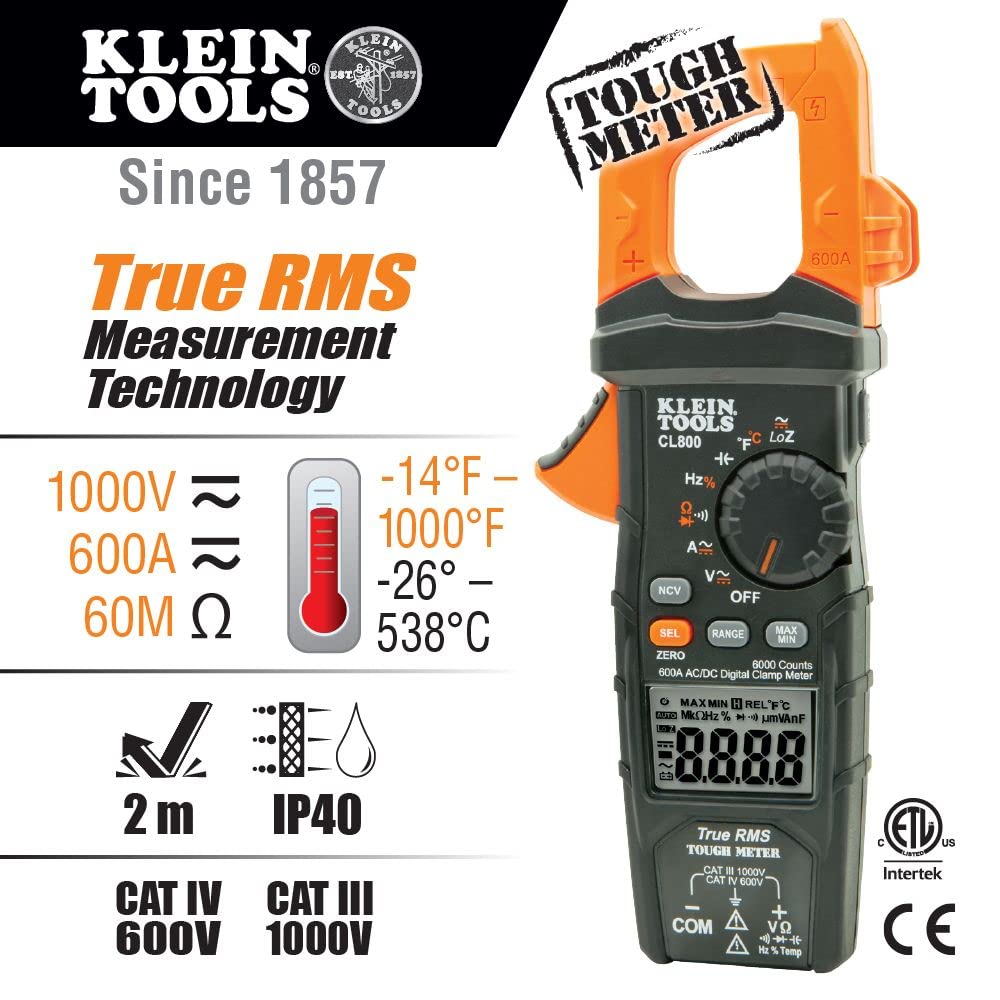 Klein Tools IR10 Infrared Thermometer, Digital Thermometer Gun & CL800 Digital Clamp Meter, Autoranging TRMS, AC/DC Volt/Current, LOZ, Continuity, Frequency, Capacitance, NCVT, Temp