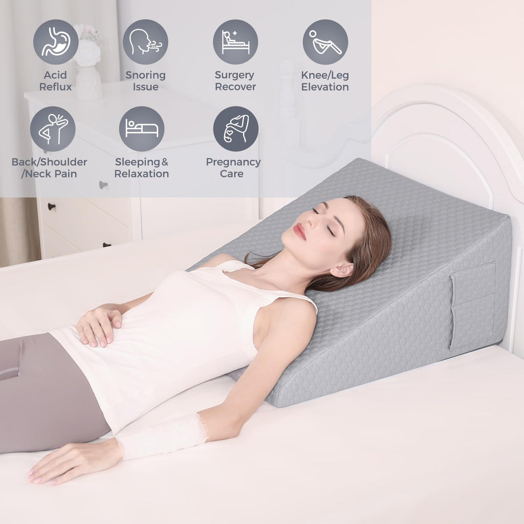 Bed Wedge Pillow for Sleeping 7.5" Memory Foam Wedge Pillow for After Surgery Triangle Pillow Wedge for Acid Reflux Snoring Heartburn GERD Back Support Leg Elevation, Removable Washable Cover - Gray