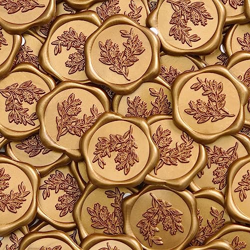 UNIQOOO Wax Seal Stickers - Eucalyptus Wedding Invitation Envelope Seal Stickers, 50 Pcs Self- Adhesive Antique Gold Stickers, Perfect for Invitation, Christmas, Gift Wrapping, Party