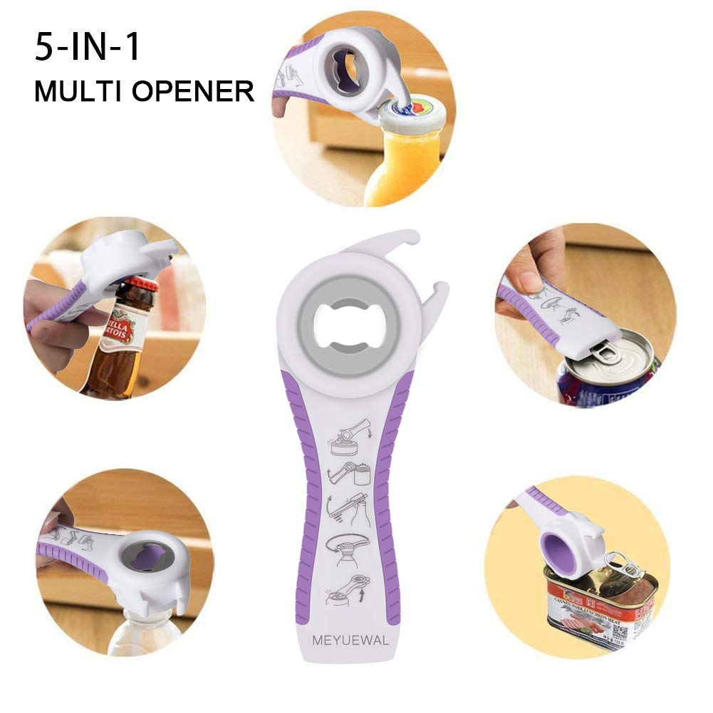 Jar Opener, 5 in 1 Multi Function Can Opener Bottle Opener Kit with Silicone Handle Easy to Use for Children, Elderly and Arthritis Sufferers (Blue)