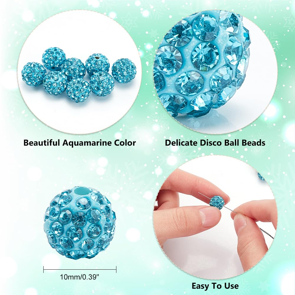 PH PandaHall 100pcs 10mm Rhinestones Beads Pave Disco Ball Clay Beads Crystal Beads Polymer Clay Rhinestone Beads Round Diamond Bead for Bracelet Necklace Earring Jewelry Making Christmas Aquamarine