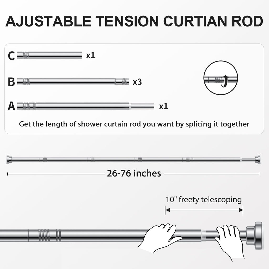 Ausemku Shower Curtain Rod Tension - 26-76 Inch Never Rust Non-Slip Spring Tension Curtain Rod No Drilling Stainless Steel Curtain Rod Use Bathroom Kitchen（Silver）