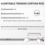 Ausemku Shower Curtain Rod Tension - 26-76 Inch Never Rust Non-Slip Spring Tension Curtain Rod No Drilling Stainless Steel Curtain Rod Use Bathroom Kitchen（Silver）